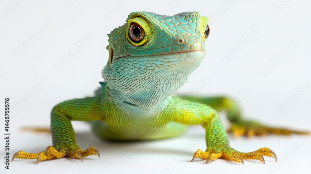 Fototapeta premium Green lizard posing, studio shot, white background