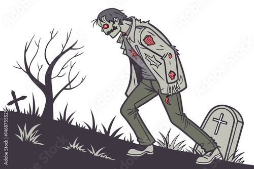 17 Zombie, decaying flesh, tattered clothing, green skin, blood stains, torn jacket, exposed ribs, hunched posture, menacing expression, undead monster, horror illustration, detailed drawing, comic bo
