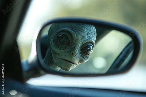 Mysterious alien observing from rear view mirror of a moving vehicle on a sunny day, Alien peering into rear view mirror of moving car