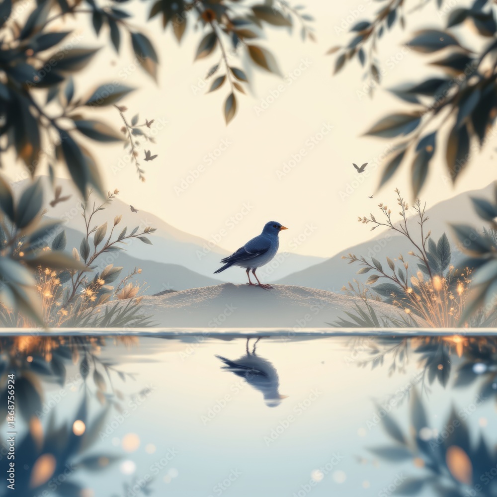 Fototapeta premium Bird Reflection in Serene Mountain Landscape