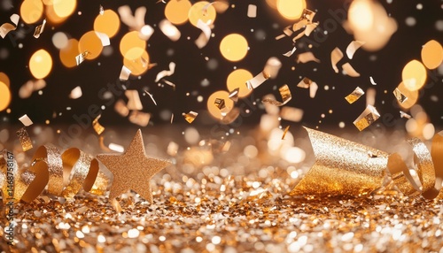 Festive gold confetti & ribbons