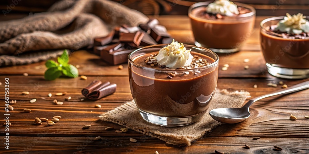 Fototapeta premium Decadent chocolate mousse with coconut topping on a wooden table in a cozy kitchen setting, illuminated by warm natural light