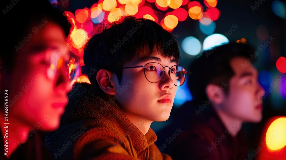 Three young men in city lights