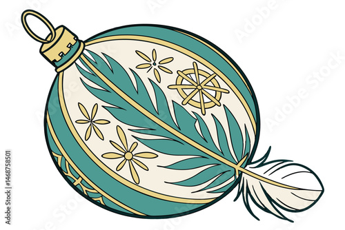 19 Christmas ornament, delicate glass bauble, teal and gold, intricate snowflake design, feather motif, metallic accents, frosted effect, photorealistic, highly detailed, soft lighting, festive decora