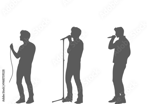 Bold silhouette of a solo performer holding a mic upright. The stance exudes power and emotion, ideal for music event designs, album covers, or artistic visuals with white backdrop