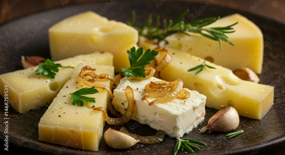 Assorted cheese platter with herbs