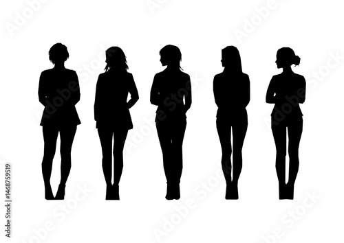 Elegant business silhouettes featuring men and women in tailored suits and formal dresses. Trendy poses on a transparent background—ideal for leadership themes, corporate presentations, and HR materia