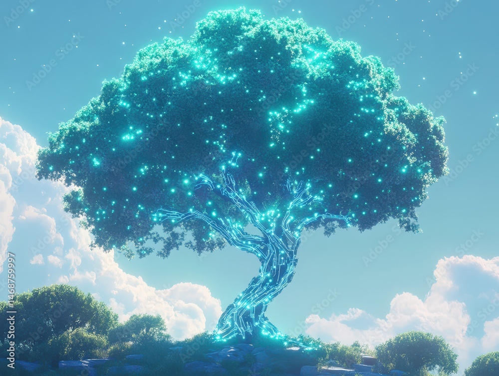 Fototapeta premium A breathtaking tree with organic technology, its trunk infused with glowing circuits, seamlessly merging nature with innovation