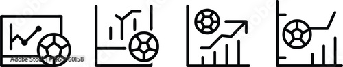 Soccer Analytics Icon Set Featuring Football with Performance Charts, Statistics Graphs, Match Data Insights, and Minimal Line Style Sports