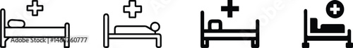 Medical Cross and Hospital Bed Icon Set Featuring Stretcher, ICU, Inpatient Care, Treatment Symbol, Healthcare Facility Equipment, and Emergency 