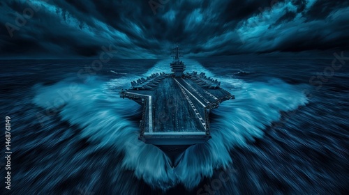 A large aircraft carrier is sailing across rough ocean waters