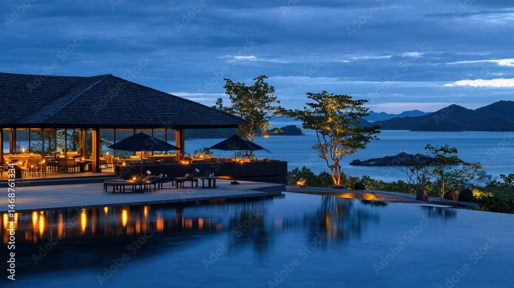Fototapeta premium The luxurious ocean resort provides a calming ambiance at dusk