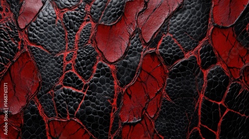 Unique texture of black and red leather displayed in close-up view highlighting its intricate patterns and striking contrast