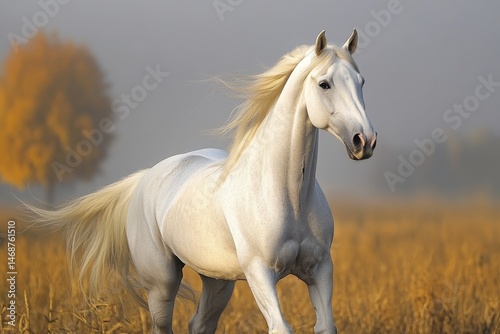 White horse runs freely across golden field during autumn season. Use this image to illustrate strength, freedom, and natural beauty.