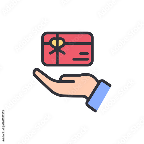 Presentation of a gift card with love represented by a hand and a heart