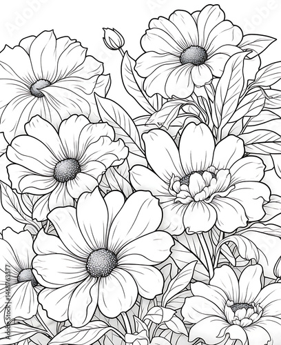 Wallpaper Mural Flower Coloring Page, black and white. Floral pattern for coloring book Page Torontodigital.ca