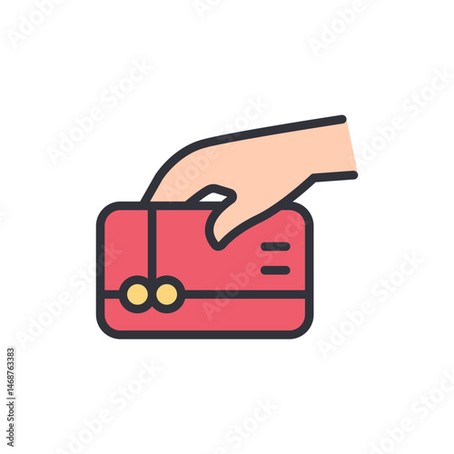 Hand presenting a vibrant red payment card for contactless transactions