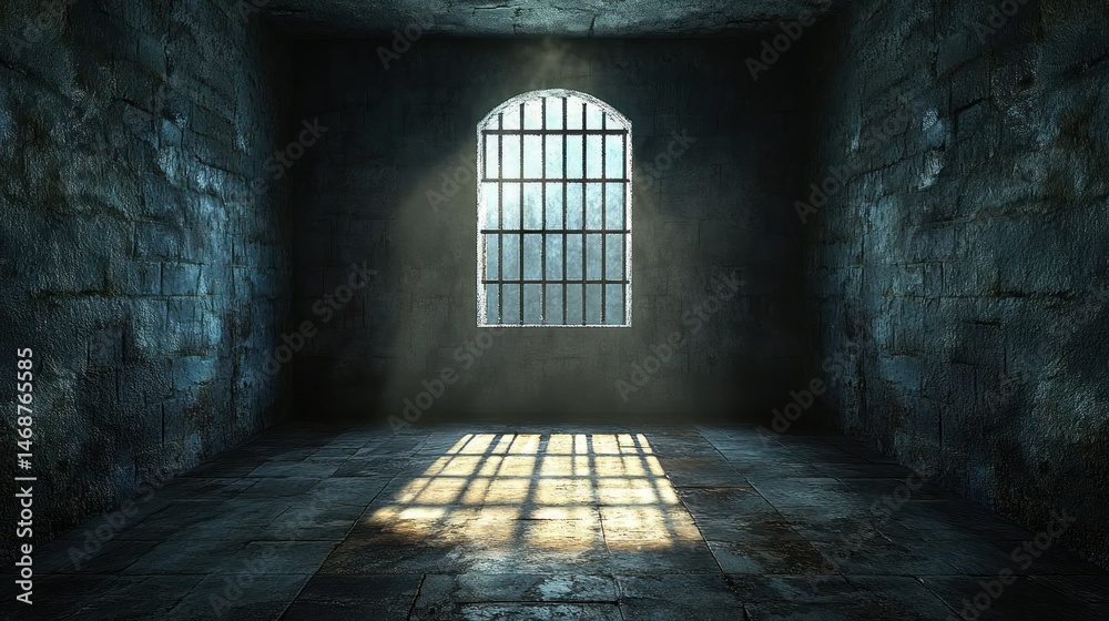Fototapeta premium Dark, stone cell with barred window, sunlight