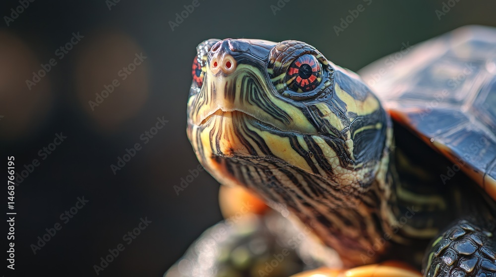 Obraz premium Red-eared slider turtle portrait, garden bokeh