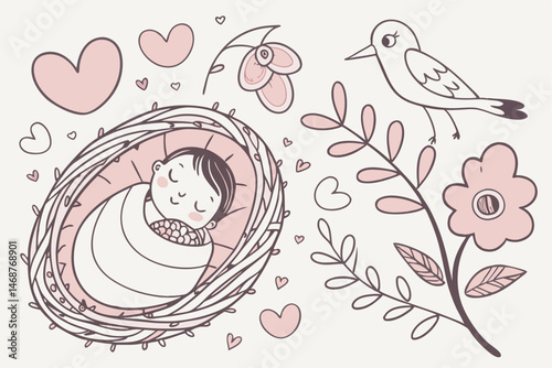 21 Newborn baby sleeping in a nest, intricate illustration, soft pastel colors, hearts and flowers surrounding, bird perched nearby, whimsical style, detailed textures, ethereal atmosphere, delicate l