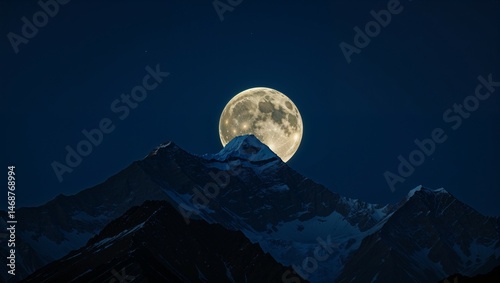 A full moon casts its soft moonlight across the dark mountain landscape under the vast night sky