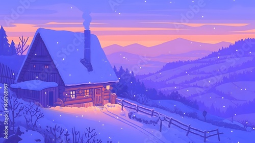 A cozy and welcoming snow-covered cabin nestled in a beautiful winter landscape, surrounded by tranquil nature