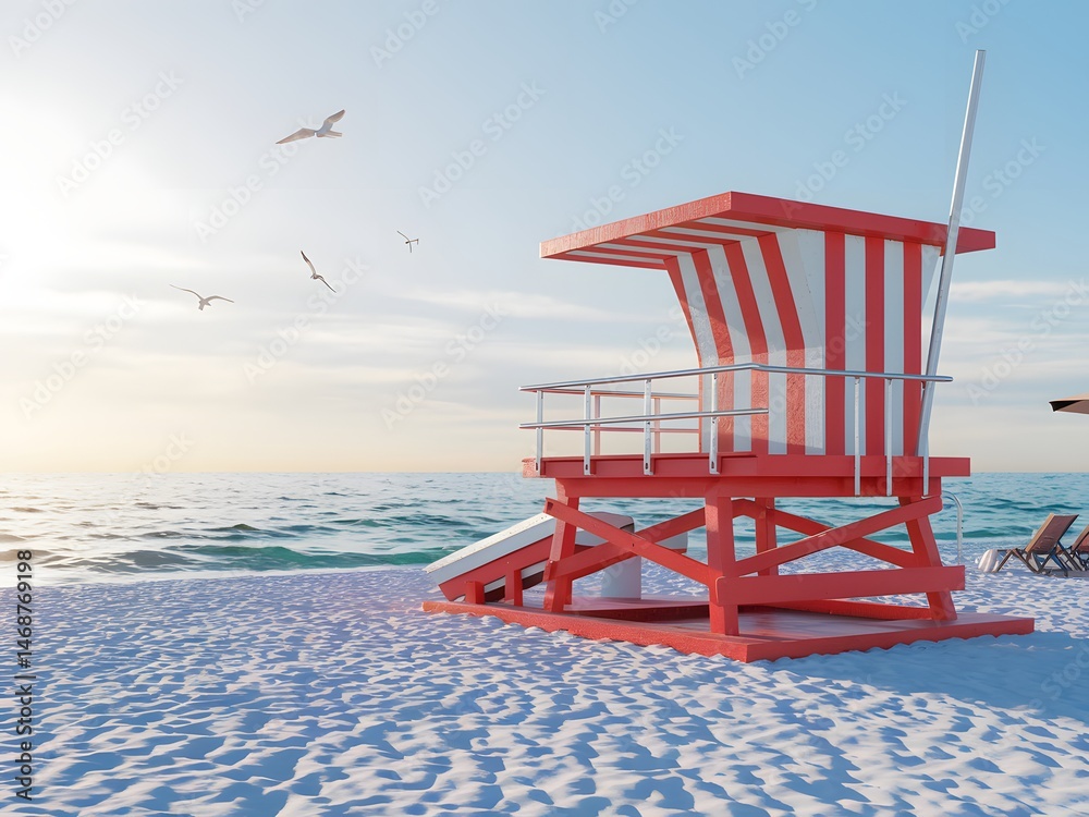 Red and White Lifeguard Stand on a Beach at Sunrise Red and White Lifeguard Stand on a Beach at Sunrise