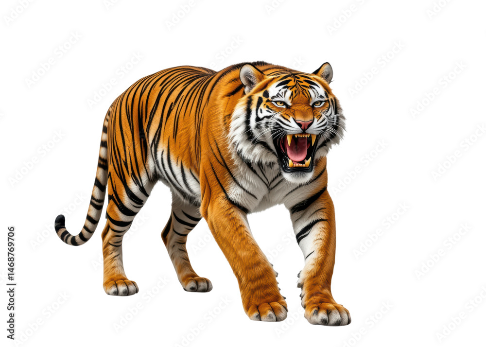 Fototapeta premium Tiger walking and roaring isolated on transparent background, strength, power, wild animal