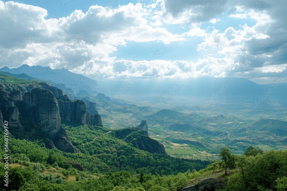 Fototapeta premium Explore the stunning landscapes of Meteora Kala with towering rock formations and lush green valleys, Beautiful tourist destination landscape Meteora Kalambaka Greece Travel site