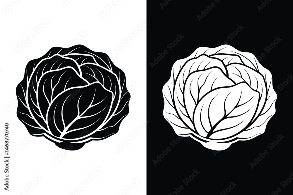 Cabbage Leaf Icon. Flat Vector Vegetable Graphic on White and Black Cabbage Leaf Icon. Flat Vector Vegetable Graphic on White and Black