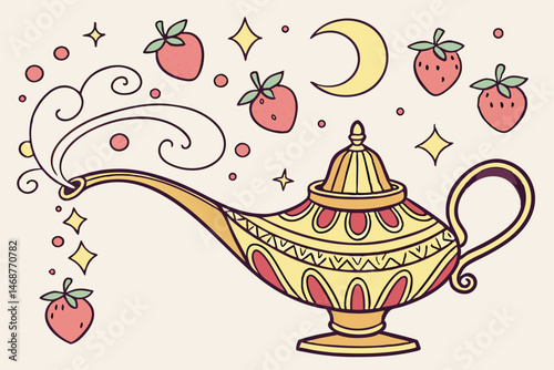 22 Ornate fantasy teapot, intricate design, golden metallic surface, hanging fruit and berries, magical glow, ethereal atmosphere, delicate details, whimsical illustration, soft lighting, dreamy compo