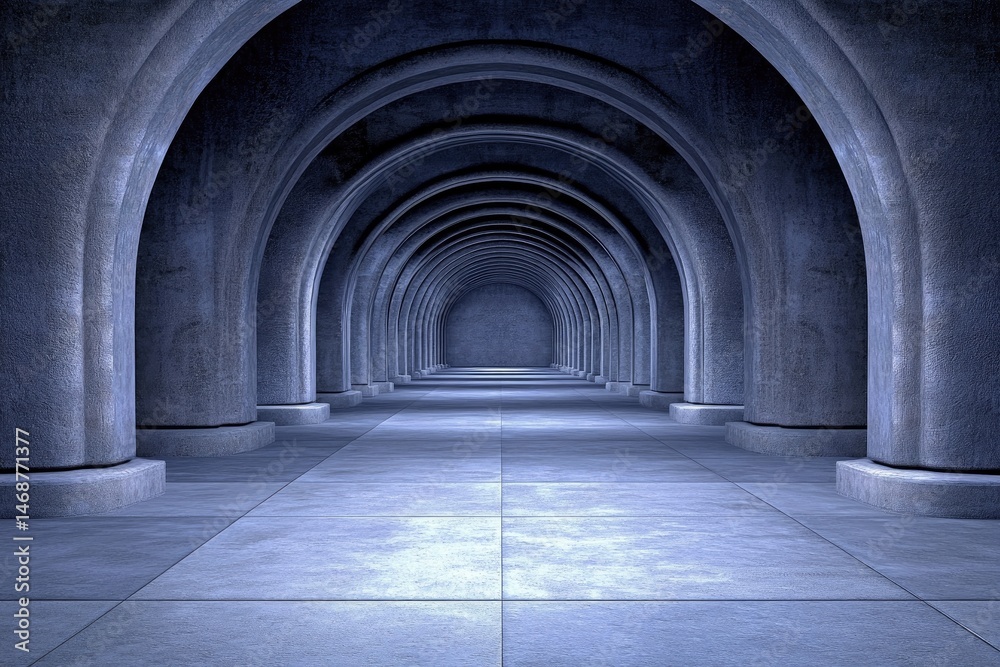 Fototapeta premium Dark, arched corridor. Vast, stone tunnel