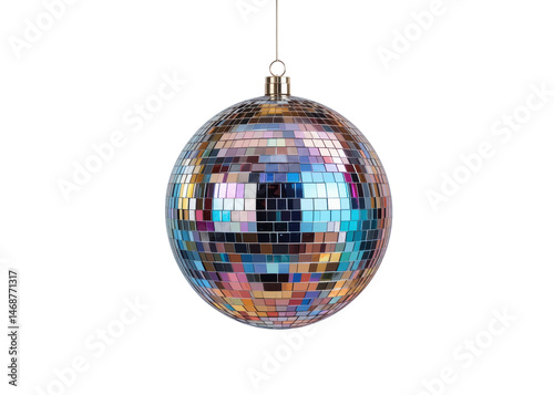 Hanging mirrored disco ball isolated on transparent background, disco, party, music.