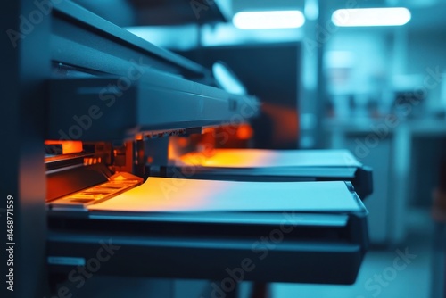 Hightech copier printer scanning documents with illuminated trays in an office setting, Closeup of copier printer, scanning document, office tool