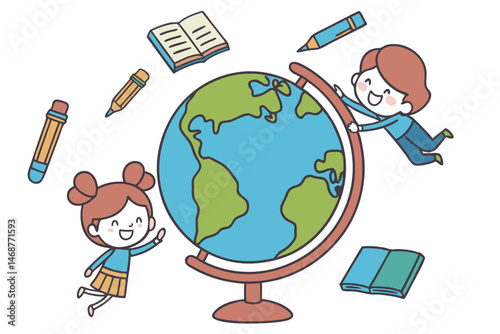 23 Cartoon illustration, globe education, children learning, Earth model, school supplies floating, blue and green colors, cute characters, digital art style, playful atmosphere, knowledge exploration