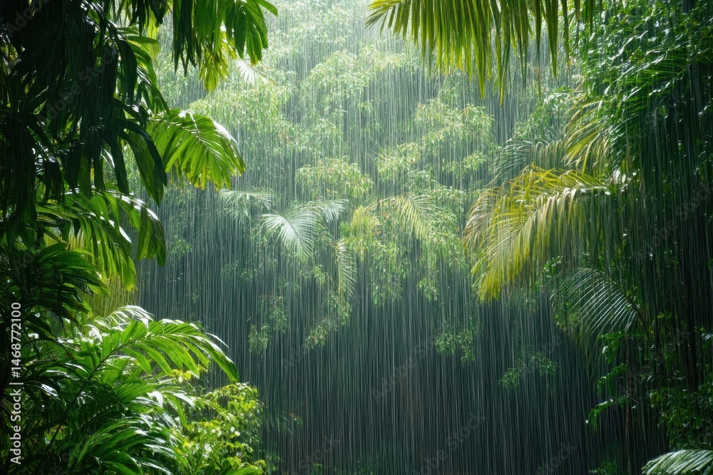 Naklejka premium Tropical rain shower drenching lush foliage in evergreen rainforest during heavy rainfall, Heavy rainfall shower in evergreen tropical rain forest in rainy monsoon season