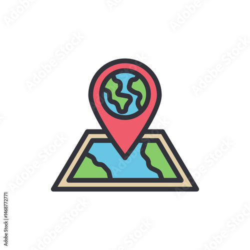 World travel destination pointer in a global map icon illustration
