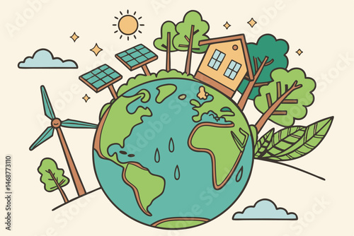24 Globe, eco-friendly, green earth, sustainability, 3D illustration, miniature world, cartoon style, lush vegetation, renewable energy, wind turbines, solar panels, water droplets, leaves, trees, woo