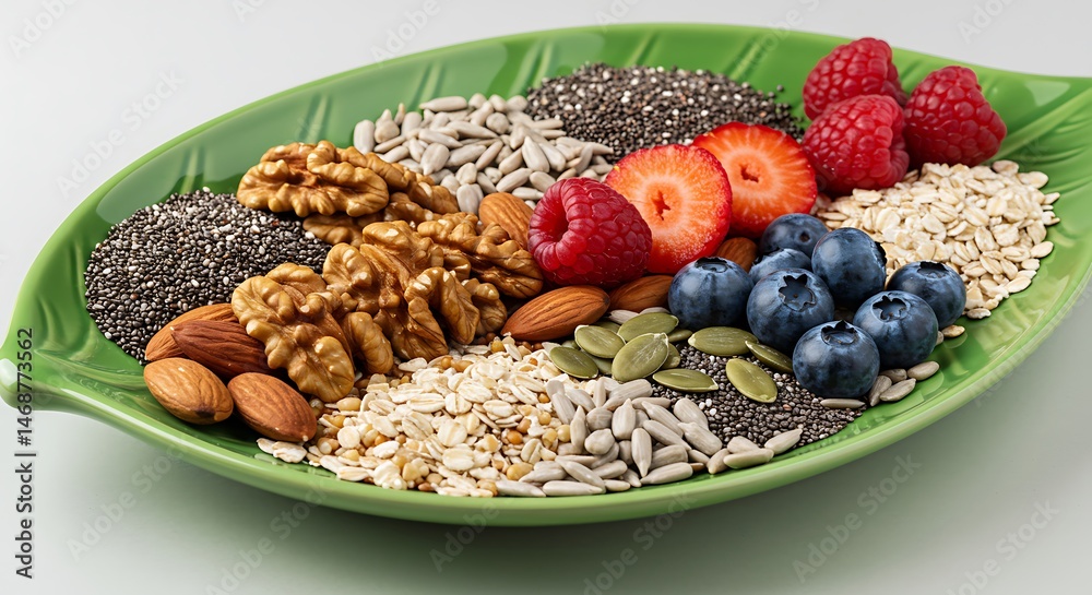 Healthy breakfast berries seeds nuts oats almonds walnuts raspberries strawberries chia seeds plate food Healthy breakfast berries seeds nuts oats almonds walnuts raspberries strawberries chia seeds plate food