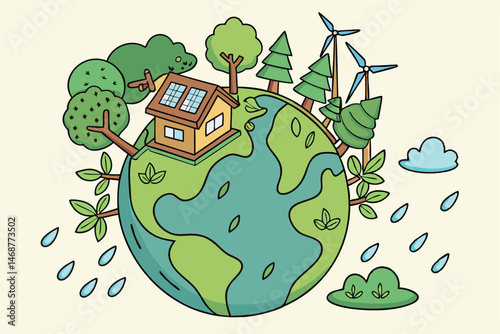 24 Globe, eco-friendly, green earth, sustainability, 3D illustration, miniature world, cartoon style, lush vegetation, renewable energy, wind turbines, solar panels, water droplets, leaves, trees, woo