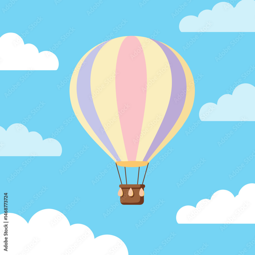 Naklejka premium Colorful hot air balloon floating in blue sky with fluffy clouds