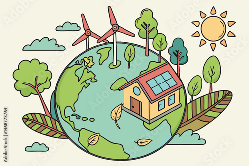 24 Globe, eco-friendly, green earth, sustainability, 3D illustration, miniature world, cartoon style, lush vegetation, renewable energy, wind turbines, solar panels, water droplets, leaves, trees, woo
