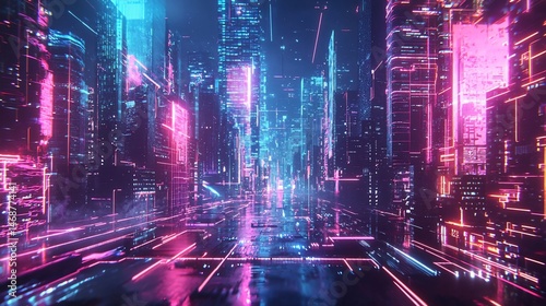 Neon Cityscape Futuristic street at night, glowing buildings, digital art