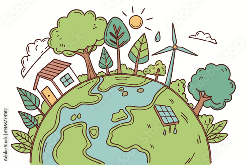 24 Globe, eco-friendly, green earth, sustainability, 3D illustration, miniature world, cartoon style, lush vegetation, renewable energy, wind turbines, solar panels, water droplets, leaves, trees, woo
