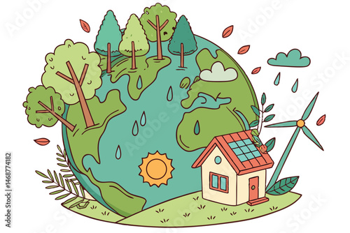 24 Globe, eco-friendly, green earth, sustainability, 3D illustration, miniature world, cartoon style, lush vegetation, renewable energy, wind turbines, solar panels, water droplets, leaves, trees, woo