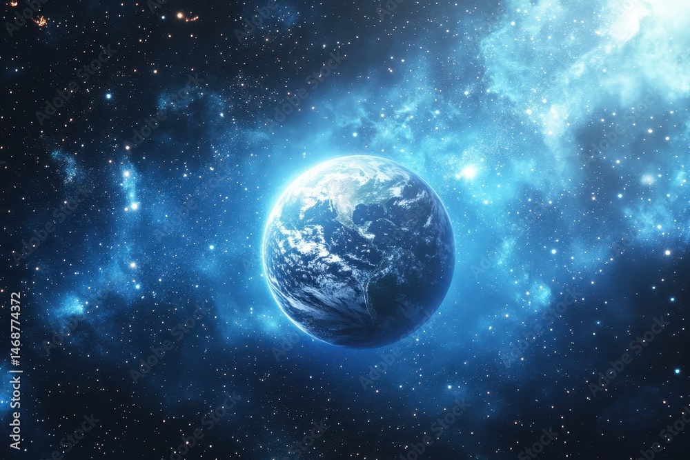 Fototapeta premium Earth floats in the majestic expanse of a star-filled universe surrounded by cosmic wonders, Earth floats in vast, star-filled outer space with cosmic blue hues and bright light