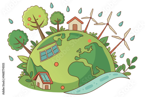 24 Globe, eco-friendly, green earth, sustainability, 3D illustration, miniature world, cartoon style, lush vegetation, renewable energy, wind turbines, solar panels, water droplets, leaves, trees, woo