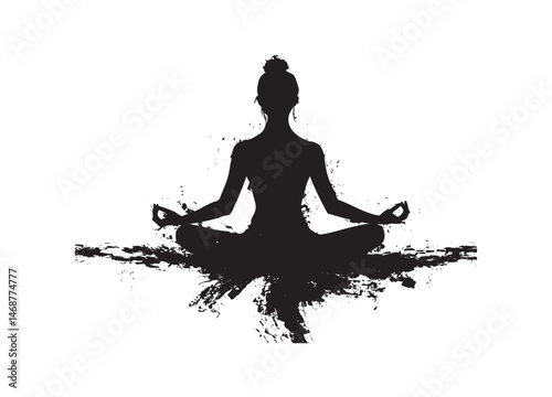 illustration Silhouette of a women meditating cross-legged with a straight spine.
