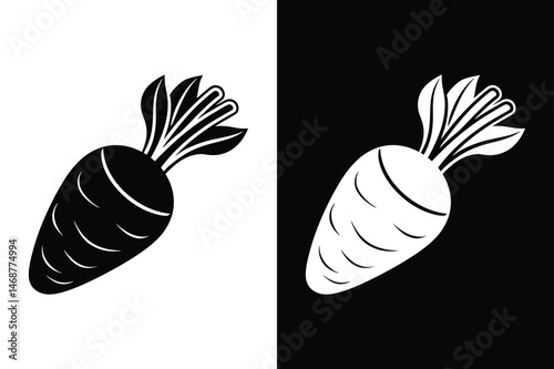 Vegetable Vector Icon. Daikon Silhouette with Leaves in Monochrome Style
