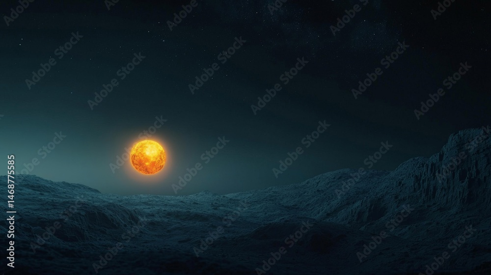 Soulful Awakening Through the Journey of Spirituality, A surreal landscape features a vibrant sun rising over dark, textured terrain under a starlit sky.
